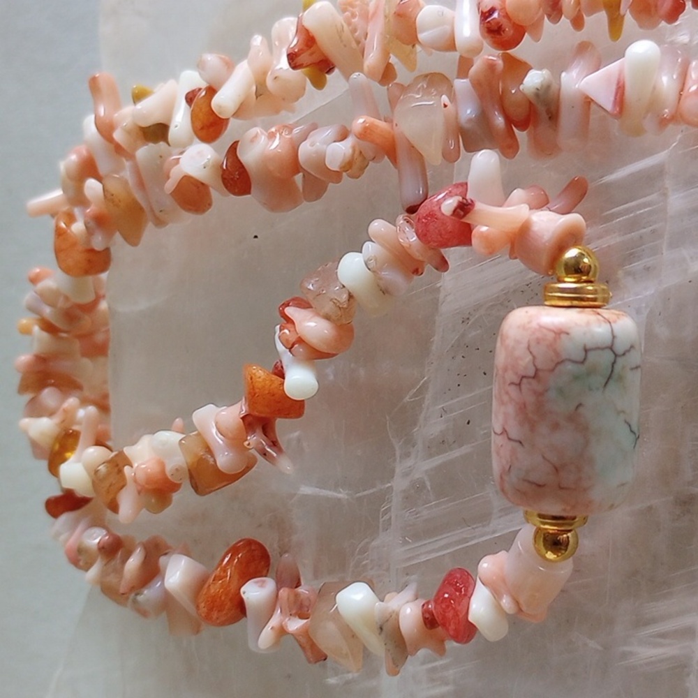 Elegant Angel Skin Coral and Gold Necklace 18" long.